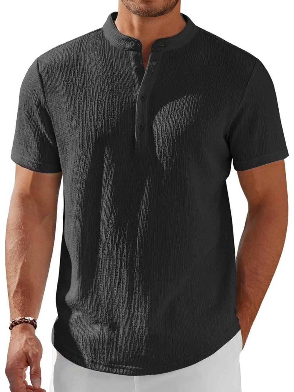 Men's Black Henley Short Sleeve Stand Collar Summer Casual Hippie Shirts